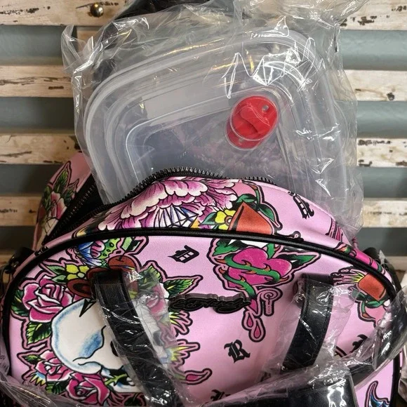 Ed Hardy Pink Y2K‎ Thermal Lunch Tote Hot or Cold Dual Straps Skulls Butterflies - Picture 10 of 15
